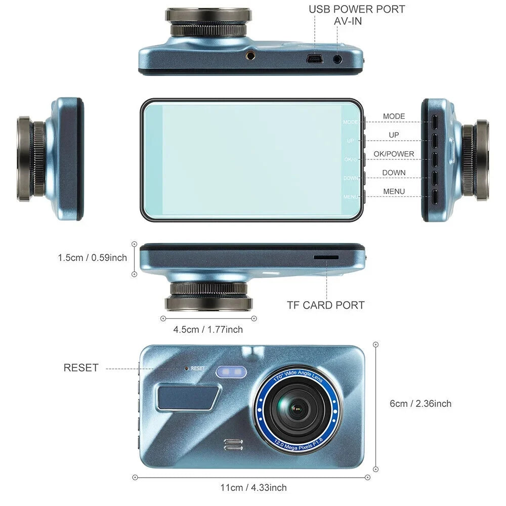 1080P Car Lens Vision Camera Night Recorder DVR 4" Rear Onemayship & Front Dual Dash HD Cam