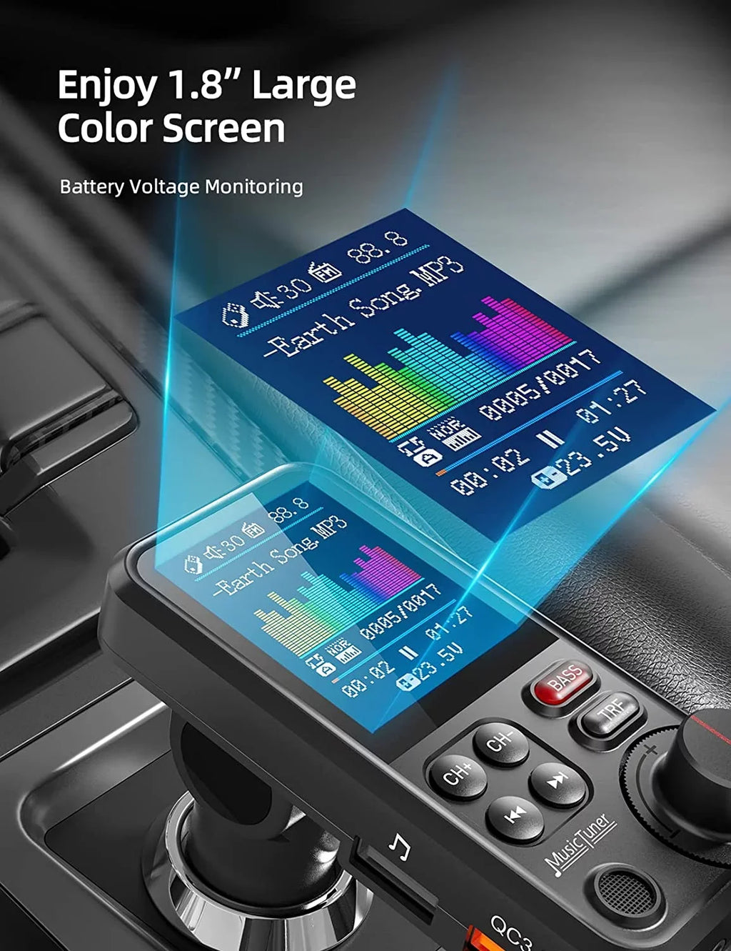 KM30 for Adapter Sound with and FM Bass Bluetooth QC3.0 Free Car Player- car, Screen Music Strong Charging, for Calls, Color Treble Microphone Hands 1.8" Supports Transmitter Bluetooth