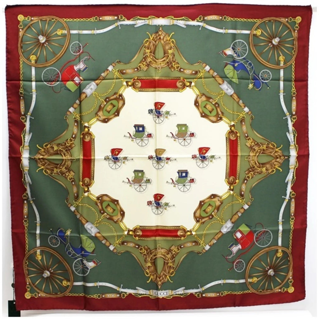 Gucci x pattern silk carriage Pre-Owned green wine (Like New) muffler ladies GUCCI scarf red