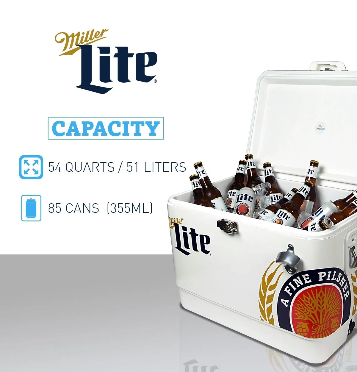 51L Fishing 85 Tailgating, Blue, Camping, Beach, Portable Chest with Cooler, RV, QT), Opener, and Beverage BBQs, (54 White steel-belted Can Bottle Miller Lite for Cooler Ice