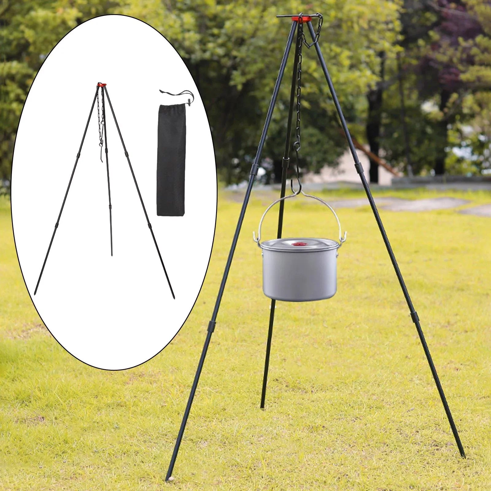 Accessory Portable with ing Campfire Cooking Adjustable Outdoor Camping Black Tripod, Pot Picnic Cookware , Grill Tripod Aluminum Stand