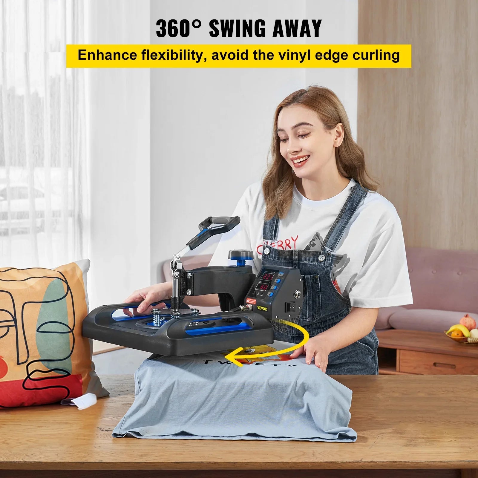 Printer Digital Fast with 15" Vinyl Press Transfer Machine, Pressing Canvas x 12" T-Shirt Surface, Sublimation Heating 360 Blue Anti-Scald Heat Machine, Away BENTISM Pillow, Swing Bag,