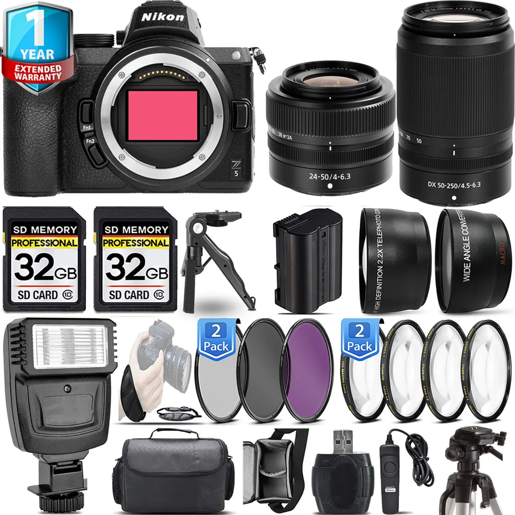 Camera 64GB + 50-250mm + Flash PC Mirrorless + 4 Set Lens PC 24-50mm + with Z5 + Filter Lens + f/4-6.3 Nikon Macro f/4.5-6.3 Set 3 VR Handbag