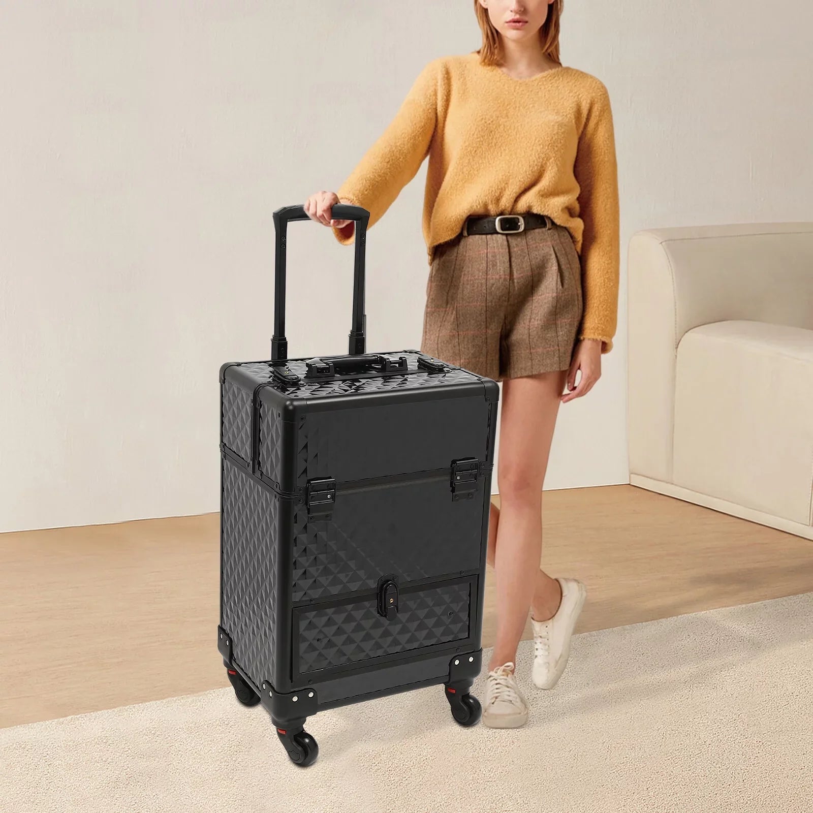 Trunk Case Rolling Nail Salon Cart Manicure Luggage Trolley Cosmetic Organizer Makeup Box Wheeled Storage Black Case Aiqidi Train