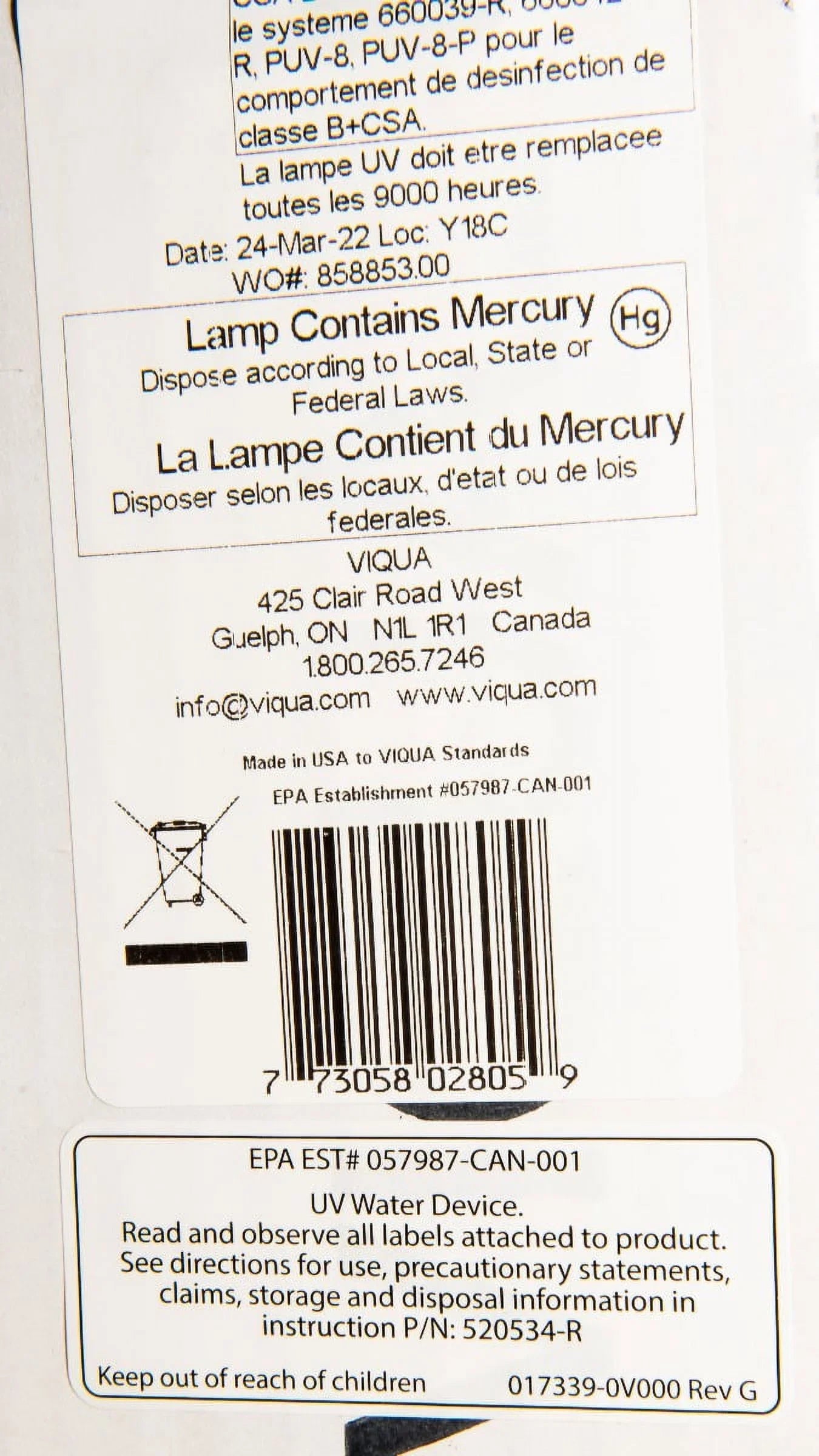 D4, D4+, Viqua Lamp Replacement Models D4 Premium 602805 for Systems UV