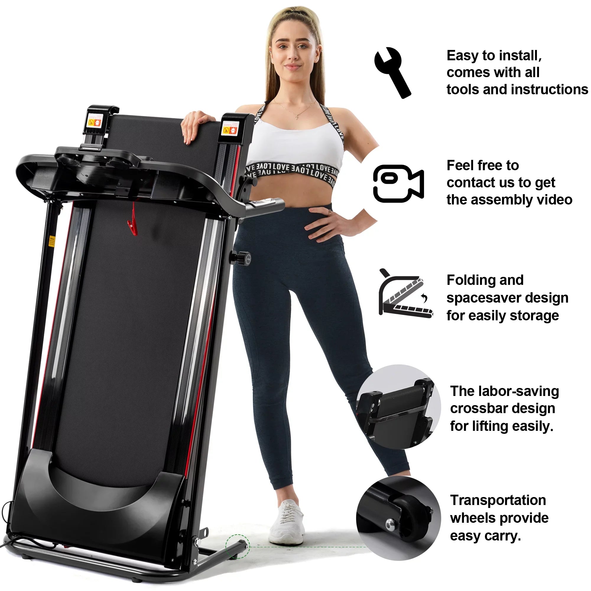 Machine Gym Electric Running Incline Treadmill Folding Sensor Exercise Bluetooth Treadmill Rate 2.5HP Holder Fitness Music Home Cup Foldable, for Indoor 12KM/H Walking with Heart for Home