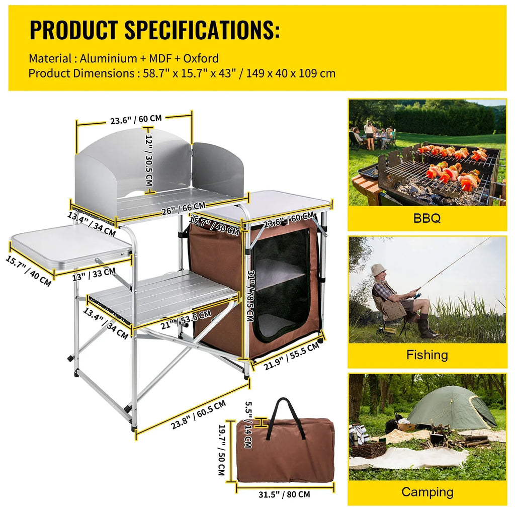 Folding Zippered Party, Color, Camping, 2-Tier, with Table Cook Camping Table Kitchen Outdoor BBQ, Bag for SKYSHALO Portable Brown Camp Table