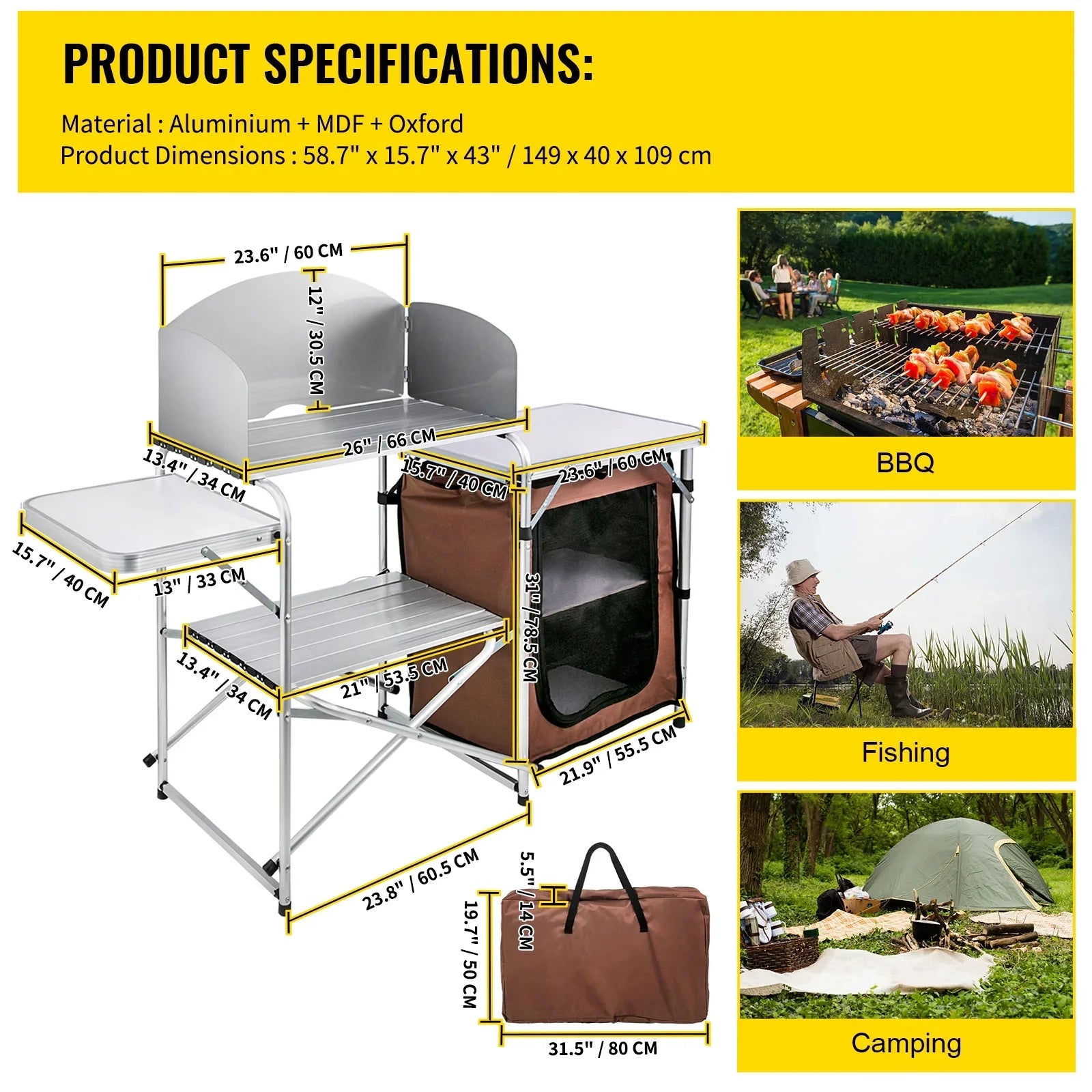 Folding Zippered Party, Color, Camping, 2-Tier, with Table Cook Camping Table Kitchen Outdoor BBQ, Bag for SKYSHALO Portable Brown Camp Table