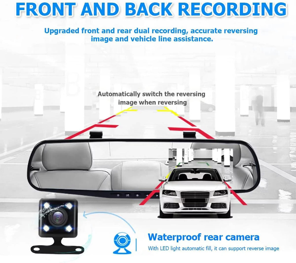 Front Cam Car, and Mirror Smart Backup HD Dash Angle, Wide for Waterproof Mirror Camera, Rearview Rear 1080P 4.3"
