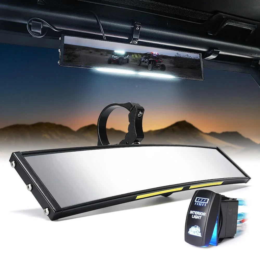 Curved Integrated 1.75"-2" View Lights & LED w/ Switch Xprite 13" for Rollbars UTV Rear Mirror