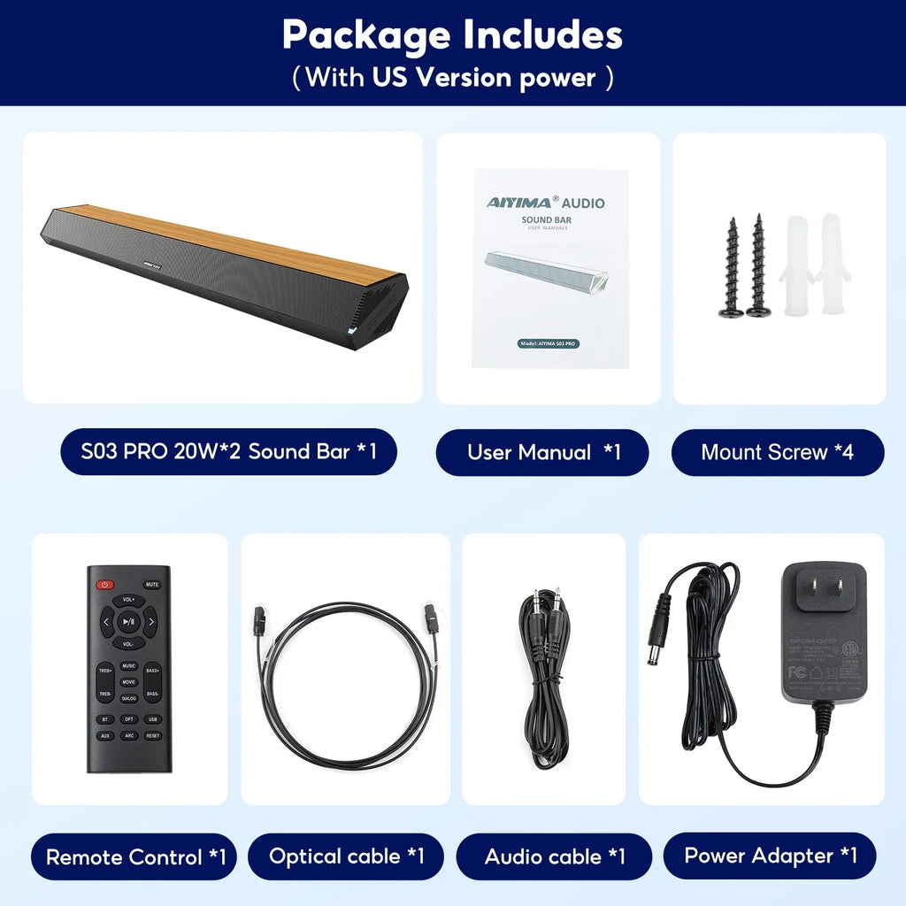 AUX Bluetooth TV 3 4 Optical 110dB HDMI-ARC, S03PRO 60W Home Audio AIYIMA System Connection, Theater Surround with USB Soundbar Bar 28-Inch Speakers, 5.0, Soundbar EQs, Coaxial for Sound