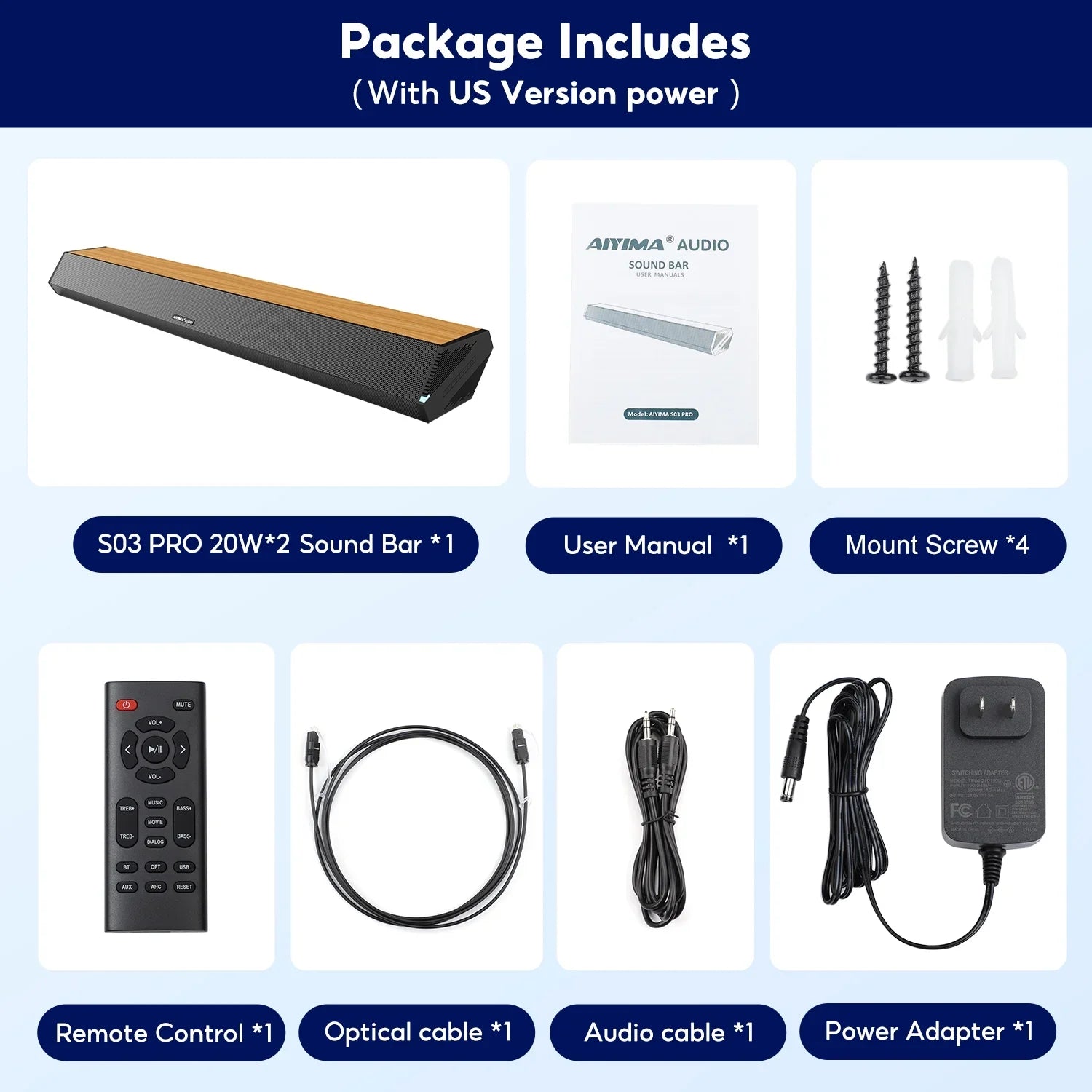 AUX Bluetooth TV 3 4 Optical 110dB HDMI-ARC, S03PRO 60W Home Audio AIYIMA System Connection, Theater Surround with USB Soundbar Bar 28-Inch Speakers, 5.0, Soundbar EQs, Coaxial for Sound