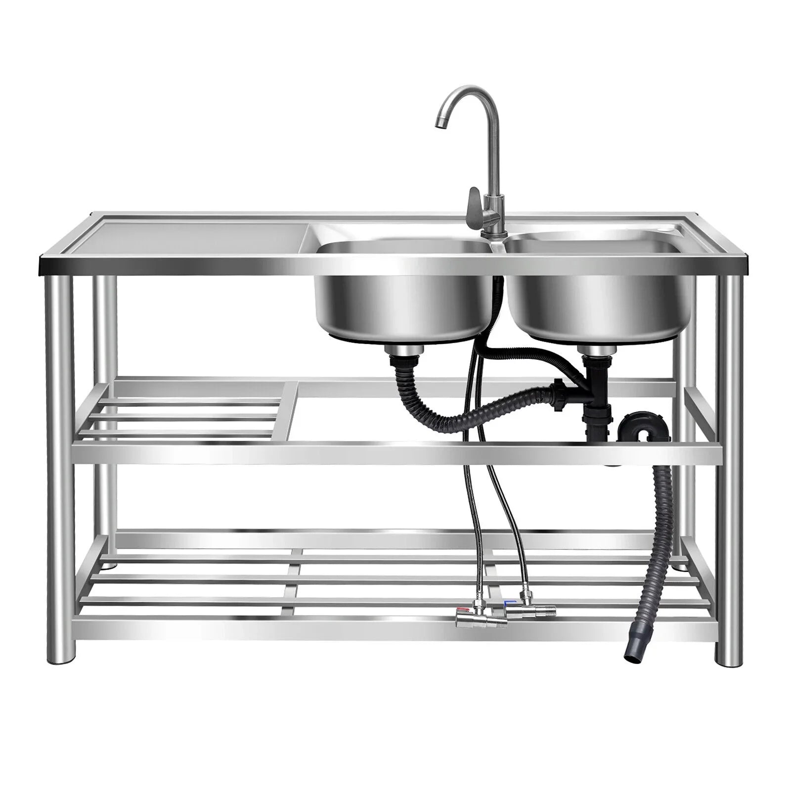 w/ Utility Table Steel Kitchen Table 2 Bowls Prep Sink Bowl Kitchen 2 Bowls Catering Stainless Bowl Catering Kitchen Home Commercial Drainboard Sink +Shelf Catering Prep Prep Sink 304 w/Faucet