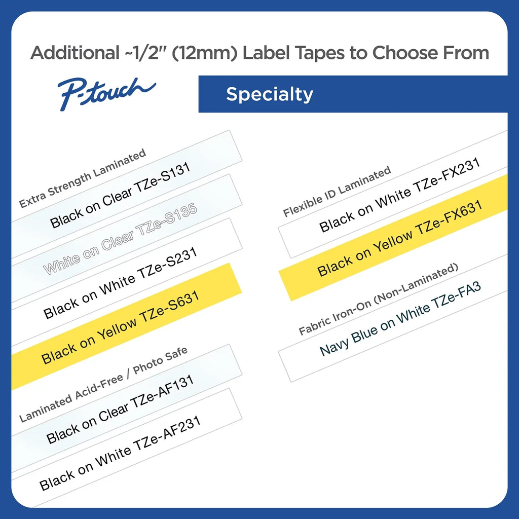 White, 2/Pack P-touch 1/2"w, Standard on Laminated Adhesive Tze Labeling Black Brother Tapes,