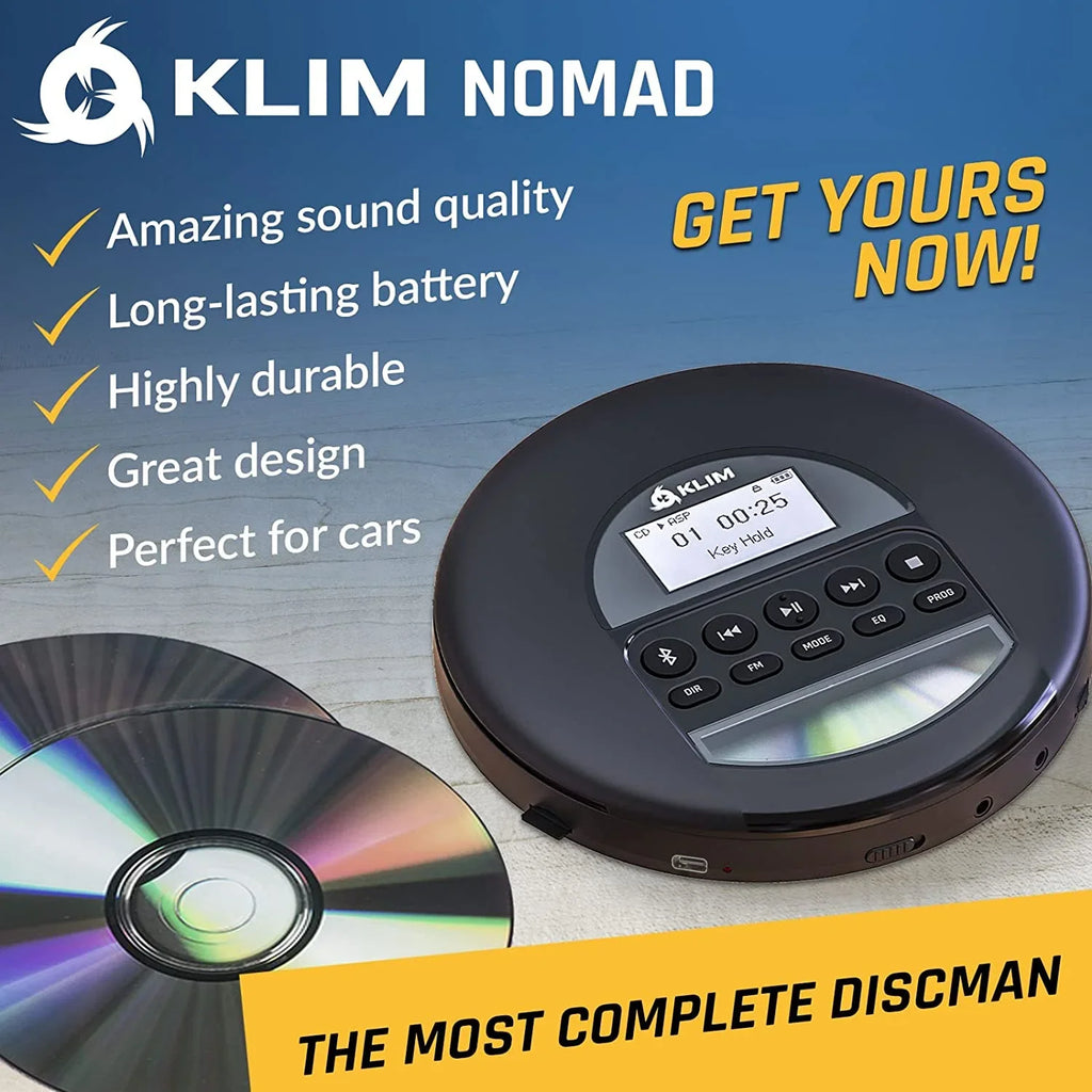 Good) Discman Headphones, FM AM Rechargeable Nomad Card, Ideal with CD Bluetooth- for KLIM MP3, Fusion Black Cars, Battery, TF Radio, Portable (Refurbished: Player Pre-Owned